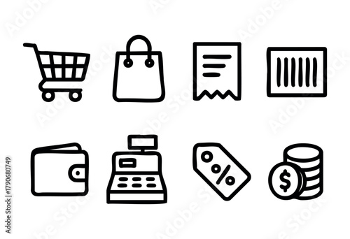 This collection showcases essential shopping symbols including a cart, bag, wallet, cash register, receipt, barcode, price tag, and coins, highlighting retail concepts.