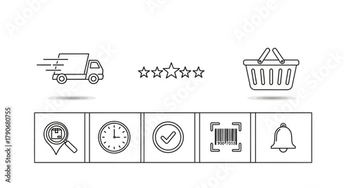 Flat outline vector icons for online shopping, shipping, tracking, rating, and delivery service elements.