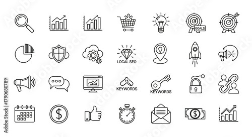 SEO and Digital Marketing Line Icons Set: Analytics, Strategy, E-commerce, Finance, and Business Growth Symbols