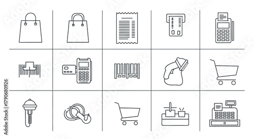 Retail and Shopping Line Icons Set: Commerce, Payment, POS Systems, and Grocery Store Elements.