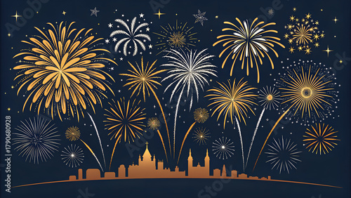 Fireworks background, New Year background with gold fireworks