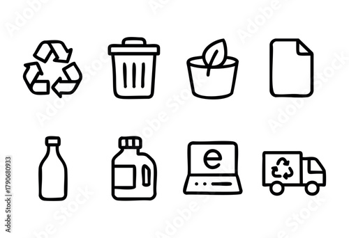 A collection of hand-drawn icons showcasing recycling symbols, a trash can, a plant pot, a sheet of paper, and various containers hinting at sustainability efforts.