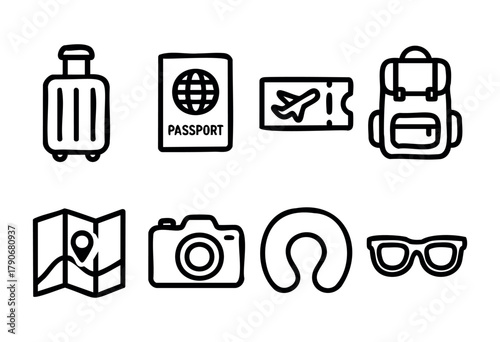 Luggage, passport, travel ticket, and backpack are displayed, along with a map, camera, neck pillow, and sunglasses, highlighting key items for a successful trip.