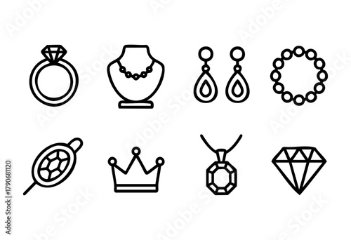Elegant collection showcases various jewelry pieces including rings, necklaces, earrings, and crowns in a minimalist design on a plain background