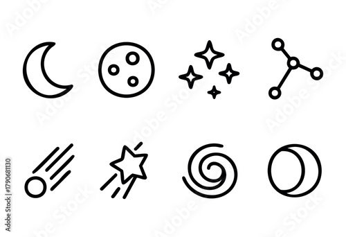 Simple line art shows a collection of celestial symbols such as moons, stars, and galaxies, illustrating the beauty and mystery of the night sky and outer space.