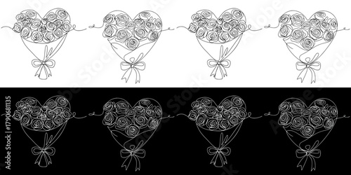 Heart-shaped floral arrangement, seamless border, International Women's Day, isolated vector image in line art style, two design options on transparent and black backgrounds
