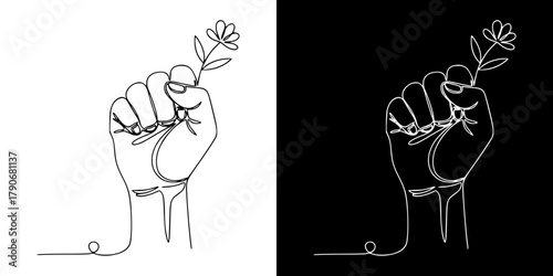 Hand clenched in fist holding a flower in minimalist style for International Women's Day, isolated vector image in line art style, two design options on transparent and black backgrounds
