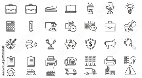 Collection of Outline Business Icons for Office Management, Finance, Technology, and Logistics.