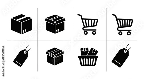 E-commerce, Shopping, and Delivery Icon Set with Boxes, Carts, Baskets, and Price Tags.