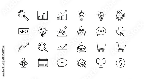 Collection of SEO, Marketing, Business Analysis, and Finance Line Icons Set.