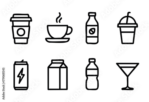 Beverage icons illustrate different drinking choices including coffee, tea, soda, and cocktails, arranged in a neat grid layout showcasing a range of drink styles.