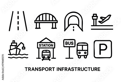 Different elements of transport infrastructure are illustrated, such as roads, bridges, tunnels, airports, and public transport stations, showcasing their importance in city planning.