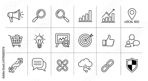 SEO and Digital Marketing Line Icons Set: Search Engine Optimization, Web Analytics, Strategy, E-commerce, and Social Media Symbols.
