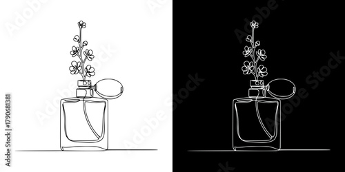 Minimalist line art of perfume bottle with sakura branch, International Women's Day, isolated vector image in line art style, two design options on transparent and black backgrounds
