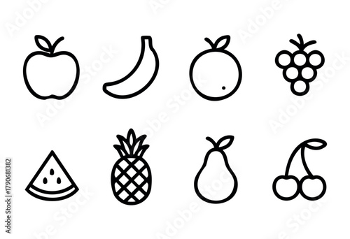 Various fruit icons are presented in a clean, minimalist style. The assortment includes an apple, banana, orange, grapes, watermelon, pineapple, pear, and cherries arranged neatly.