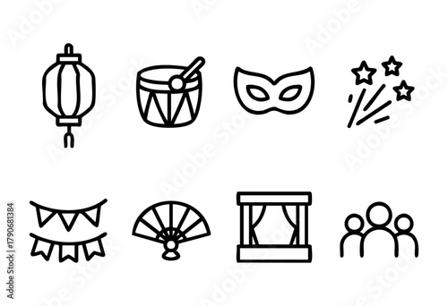 Colorful lanterns, drums, masks, and banners represent a joyful celebration. The setting creates a sense of community, fun, and cultural pride among participants.