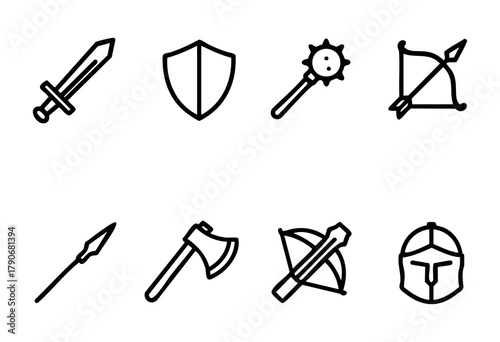 A collection of simple line drawings featuring swords, shields, axes, bows, spears, and a helmet, suitable for use in fantasy themes and game illustrations.