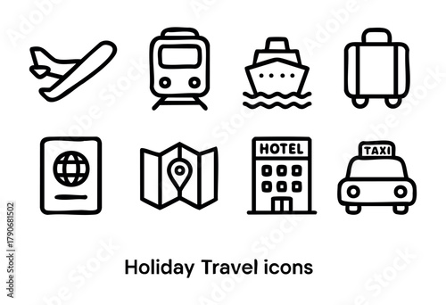 Set of icons representing travel activities including flying, train rides, cruising, and essential items like luggage, passports, and accommodations, useful for travel planning.