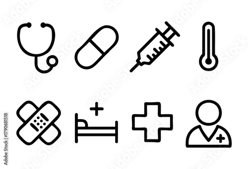Various medical symbols illustrate essential health tools and concepts, including a stethoscope, syringe, thermometer, and bandages, emphasizing healthcare's crucial aspects.