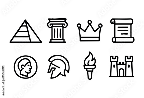 Various symbols representing ancient civilizations are displayed, including a pyramid, crown, column, and torch. This artwork showcases historical motifs in a minimalistic style.