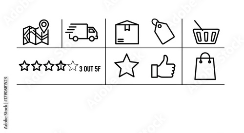 E-commerce and Shopping Line Icons Set: Delivery, Location, Rating, Price Tag, and Customer Feedback Symbols.