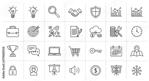 Business and Finance Outline Icons Set: Strategy, Startup, Security, Communication, and Technology Symbols.