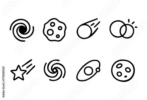 Vector icons display a variety of space-themed illustrations including comets, stars, galaxies, and planets in a simple and clean design, perfect for creative use in different contexts.