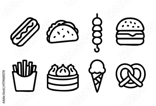 An array of popular fast food items is displayed in a minimalistic style, featuring hot dogs, tacos, burgers, fries, and ice cream cones that many enjoy at casual eateries.