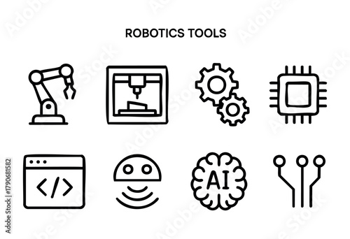 Set of line icons illustrating key technology concepts like robotics, 3D printing, computer programming, and artificial intelligence. The design is clean and modern.