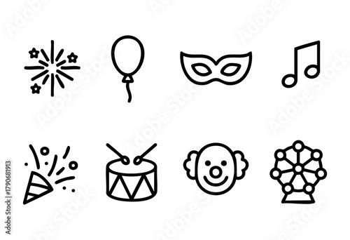 A collection of lively icons features sparkles, balloons, music notes, party hats, drums, a clown, and a ferris wheel, perfect for event themes and celebrations.