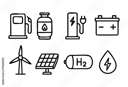 A collection of simple icons illustrates various energy sources and storage methods. It includes symbols for gasoline, propane, electricity, wind power, solar energy, hydrogen, and battery storage.