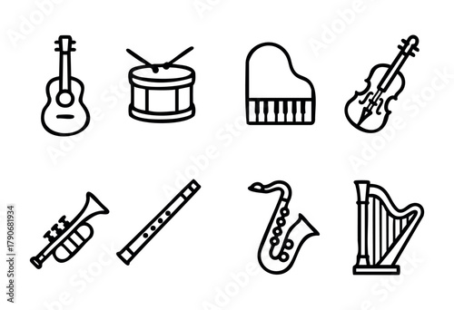 Various musical instruments are displayed in a neat arrangement. The collection features a guitar, drum, piano, violin, trumpet, flute, saxophone, and harp, highlighting their shapes.