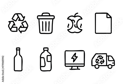 Symbols illustrating different aspects of recycling and waste disposal, including a recycling symbol, trash can, apple core, and beverage containers, promoting environmental awareness.