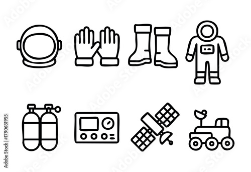 Various essential equipment used by astronauts is displayed, including helmets, gloves, boots, tanks, and instruments for space exploration and research activities.