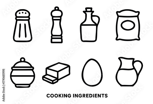 Simple line art shows essential cooking ingredients such as salt, pepper, oil, sugar, butter, eggs, and milk for easy reference in culinary activities.