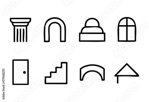 Various line drawings depict architectural elements such as columns, arches, a dome, a staircase, and a house. These illustrations showcase basic shapes and forms.