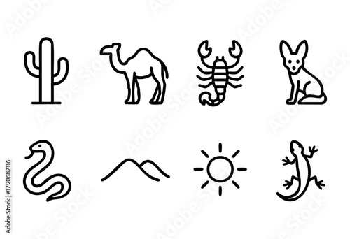 Simple line icons depict various elements of a desert ecosystem, such as cacti, a camel, a scorpion, a fox, a snake, mountains, the sun, and a lizard, highlighting desert life.
