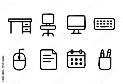 A variety of workstation items arranged neatly, featuring a desk, chair, computer monitor, keyboard, mouse, document, calendar, and pen holder, ideal for a home office.