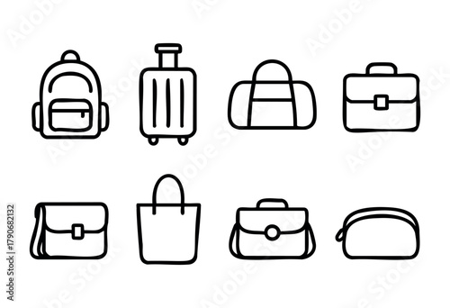 Different styles of bags are displayed in a line art format. The collection includes backpacks, suitcases, duffel bags, and handbags, showcasing their unique shapes.