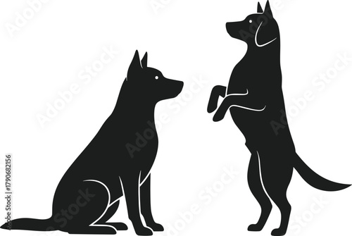 Dog silhouette, sitting dog, standing dog, pet behavior, canine posture, black dog, training pose, vector illustration, animal clipart, obedience art