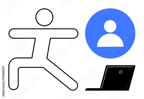 Human figure in yoga pose, blue profile icon, and laptop. Ideal for fitness, wellness, online classes, digital connection, virtual learning work-life balance health focus. Simple flat metaphor