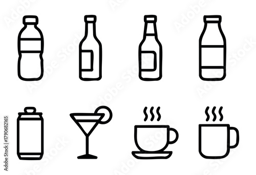 Different types of beverage containers and drinks are arranged in a grid format. Items include water bottles, soda cans, and coffee cups, showcasing diverse beverage options.