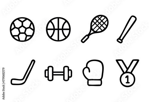 A collection of simple line drawings showcases different sports equipment including a soccer ball, basketball, tennis racket, baseball bat, hockey stick, weights, boxing glove, and a medal.