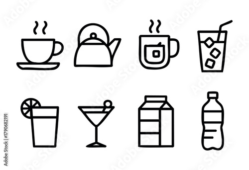 A collection of beverage icons showcases a variety of drinks, from steaming cups of tea and coffee to refreshing juices and cocktails, all in a minimalist style.