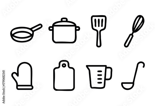 A variety of kitchen tools are arranged neatly, including a frying pan, pot, spatula, whisk, oven mitt, chopping board, measuring cup, and ladle, ready for use in cooking.