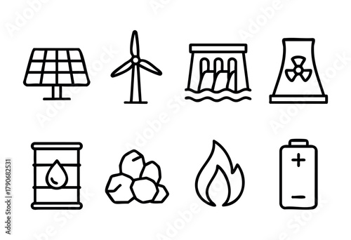 Various symbols represent energy sources including solar, wind, hydro, and nuclear, along with fossil fuels. These icons illustrate the range of renewable and non-renewable energy options.