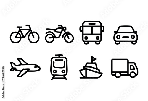 Different forms of transportation are shown in line art, including a bicycle, motorcycle, bus, car, airplane, train, boat, and truck, highlighting diverse travel choices.