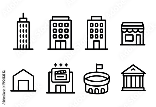 Simple outlines of different types of buildings, including skyscrapers, shops, and a stadium, highlight urban architecture in a cityscape.