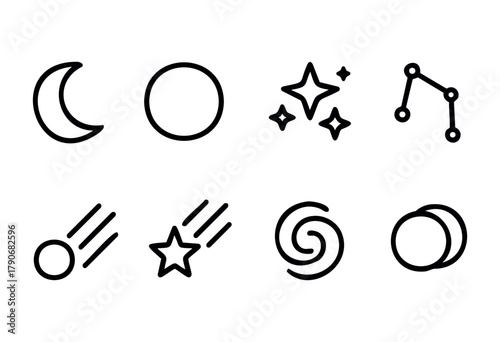 Simple line art shows a collection of celestial symbols such as moons, stars, and galaxies, illustrating the beauty and mystery of the night sky and outer space.