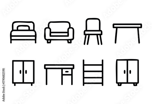 Set of minimalistic black line sketches showing different types of furniture, including a bed, sofa, chairs, tables, and cabinets ideal for interior design inspiration.